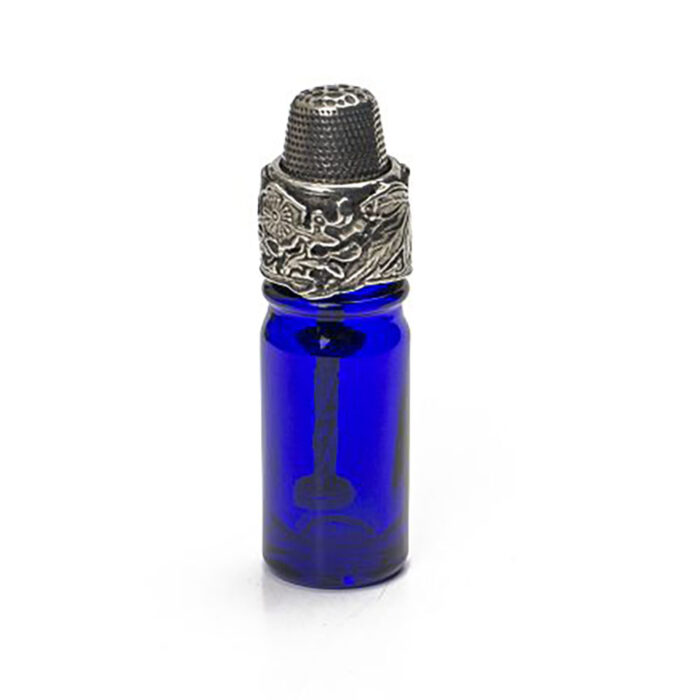 Beautiful pewter and cobalt glass needlework accessory