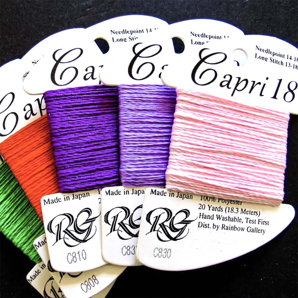 Rainbow Gallery's Capri 18 gives perfect coverage on 18-mesh needlepoint canvas