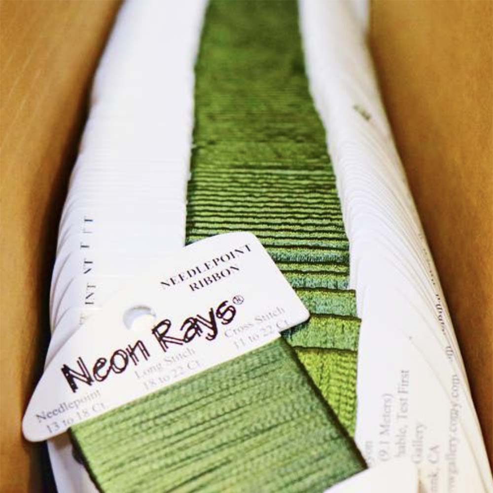 Rainbow Gallery's Neon Rays is a 100% rayon ribbon with a satin sheen