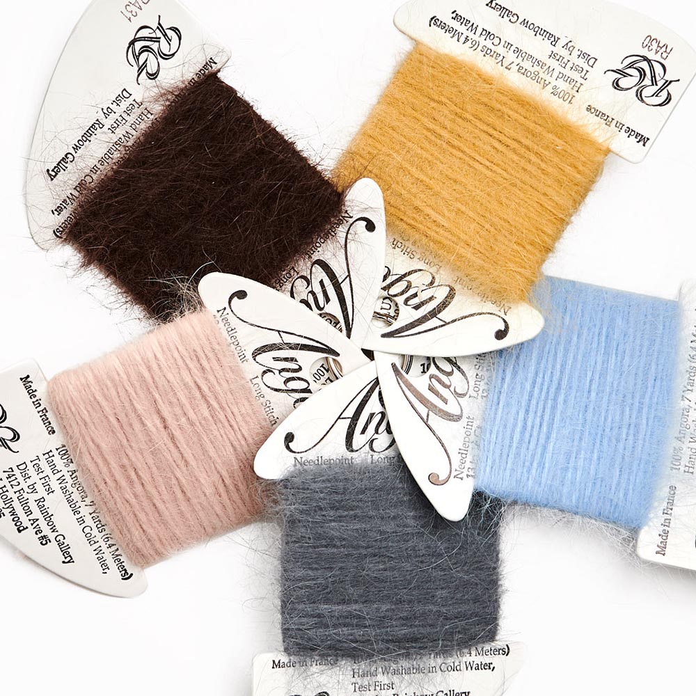 Five colors of Rainbow Angora fuzzy needlepoint yarn