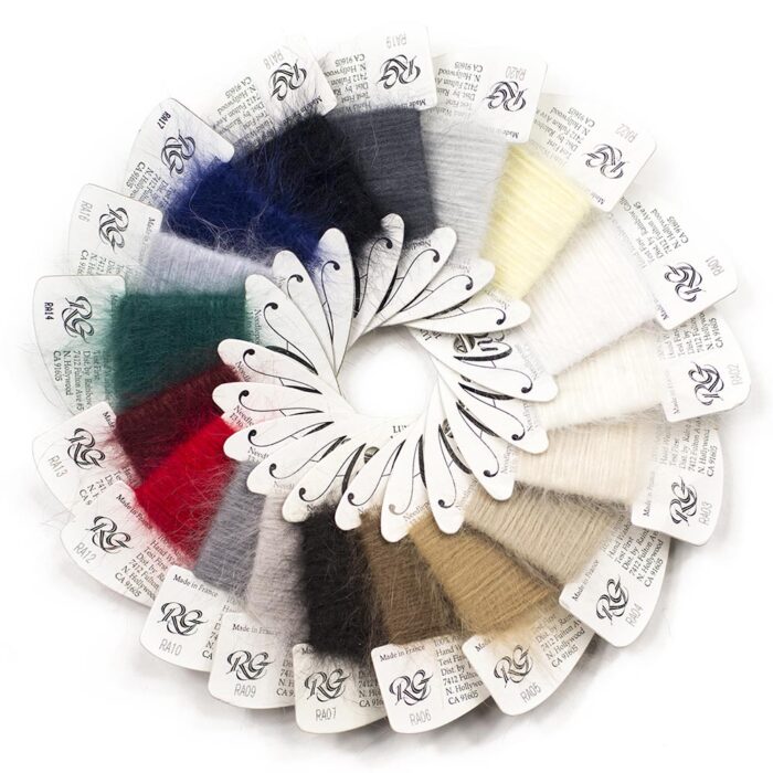 Sample colors of Rainbow Angora fuzzy yarn for needlepoint projects