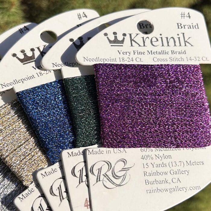Hi Lustre colors in Kreinik Very Fine #4 Braid
