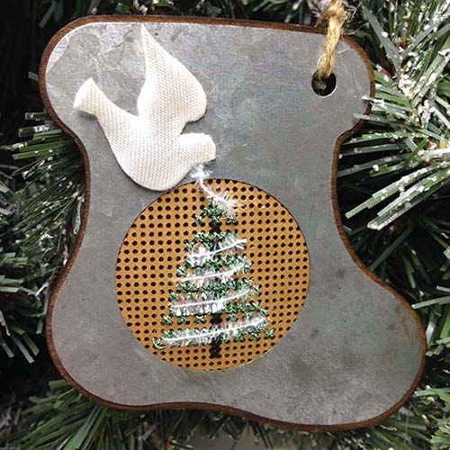 Kreinik Micro Ice Chenille looks like garland on a stitched Christmas tree